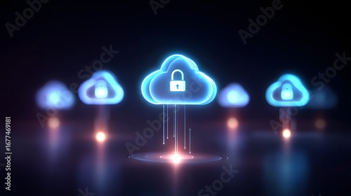 Wallpaper Mural A digital illustration of secure cloud storage, featuring glowing clouds with padlocks, symbolizing data protection and cybersecurity. Torontodigital.ca