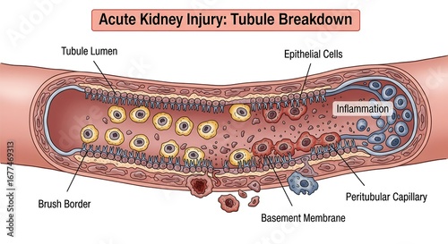 Detailed medical diagram illustrating the pathophysiology of acute kidney injury with epithelial cell damage and tubular breakdown