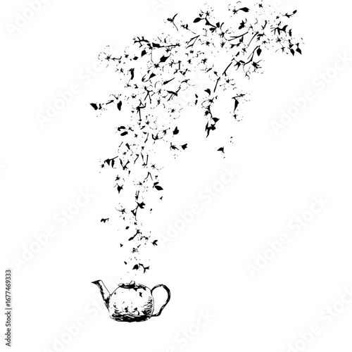 Teapot illustration with floral design, vintage style drawing for tea lovers and nature enthusiasts alike