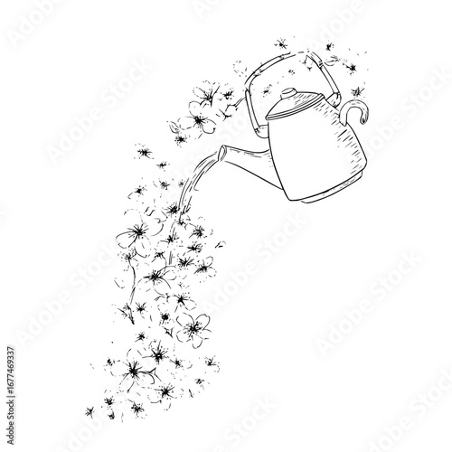 Watering can pouring flowers drawing vector illustration gardening floral design blossom spring nature art 100