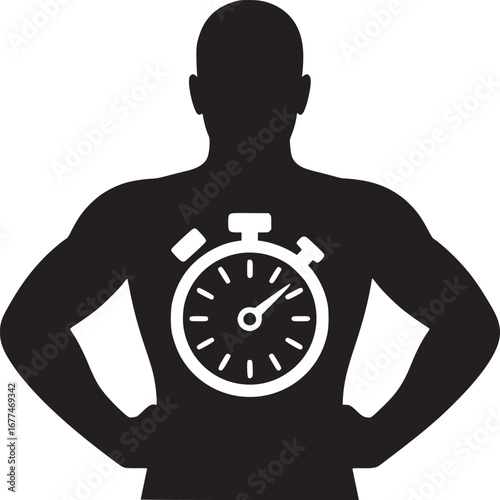Silhouette of muscular man with hands on hips and stopwatch on back against white background