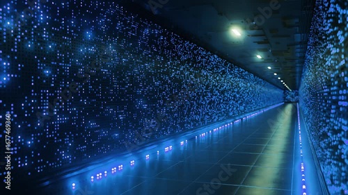 Luminous led illuminated metallic corridor revealing futuristic datacenter infrastructure, reflecting dark technological connectivity and digital innovation