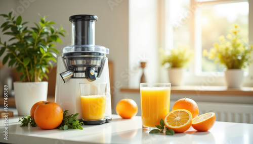 Fresh orange juice in glass with whole and sliced orange fruit near juicer on kitchen counter, morning routine with healthy drink
