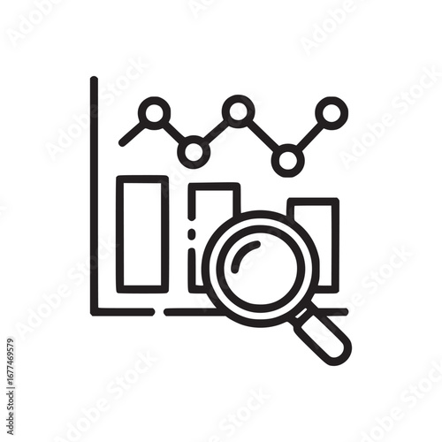 Line art of a graph with bars and a line with circles and a magnifying glass on a white background