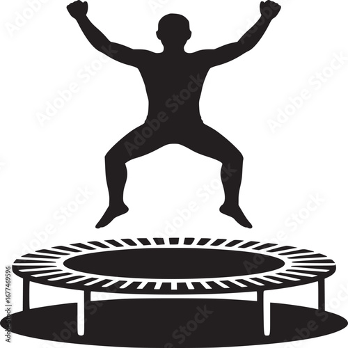 Silhouette of person jumping on a trampoline with arms raised in a black and white illustration
