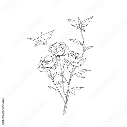 Elegant peony flower bouquet with origami birds line art drawing for tattoo design and wall art decor ideas