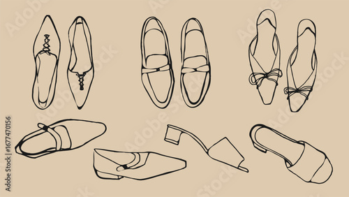 Doodle vector illustration, hand drawn, line drawing.  Set of coquette vintage girly shoes and loafers. Vector drawing for invitation, cover, scrapbooking or postcards. 