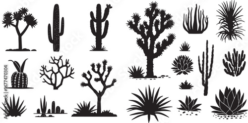 Black silhouettes of cactuses, agave, joshua tree, and prickly pear. Vector illustration