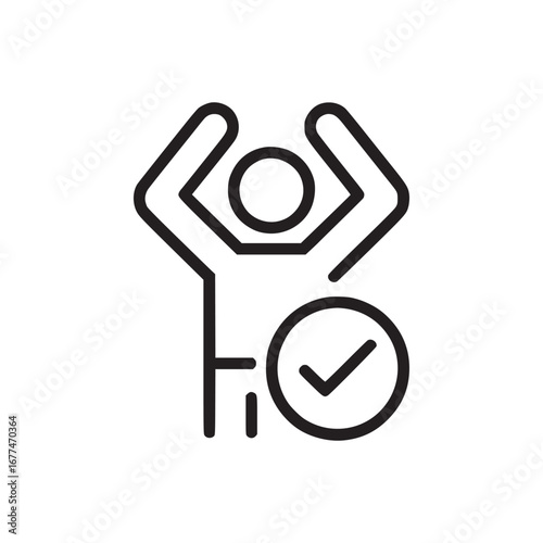 A simple line drawing of a person with arms raised next to a check mark in a circle design icon
