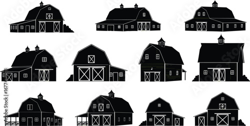 Collection of black barn silhouettes, rural farm buildings, traditional barns, agricultural structures, countryside architecture, vintage farmhouses, rustic barns, farming landscape, classic barns, hi