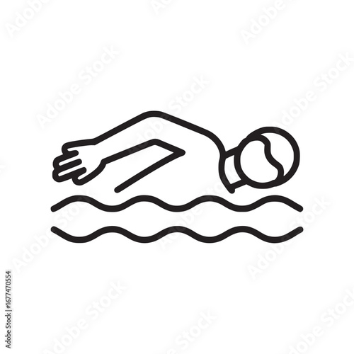 A simple line drawing of a person swimming in water with wavy lines on a white background design