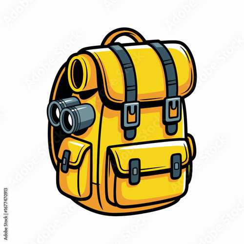 Yellow backpack with black straps and binoculars for outdoor adventures exploration and travel gear cartoon style illustration