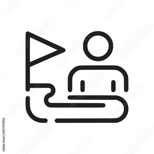 A simple line drawing of a person near a flag on a winding path representing goals and achievements