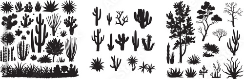 Black silhouettes of cactuses, agave, joshua tree, and prickly pear. Vector illustration