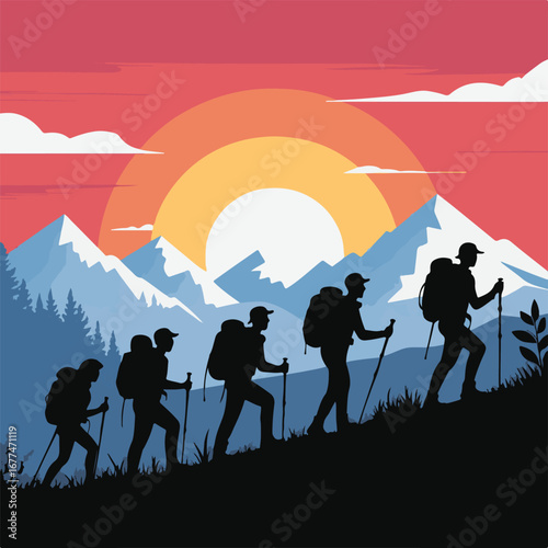 Hiking Group Climbing a Mountain at Sunset