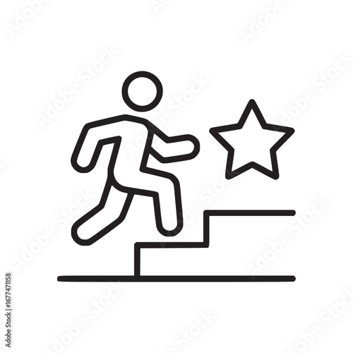 Line drawing of a person climbing stairs towards a star on a white background achievement concept