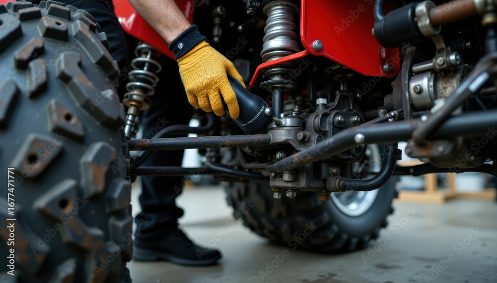 Fototapeta premium Close up of ATV suspension repair with hand wearing yellow glove holding tool, detailed view of off road vehicle maintenance and mechanical parts