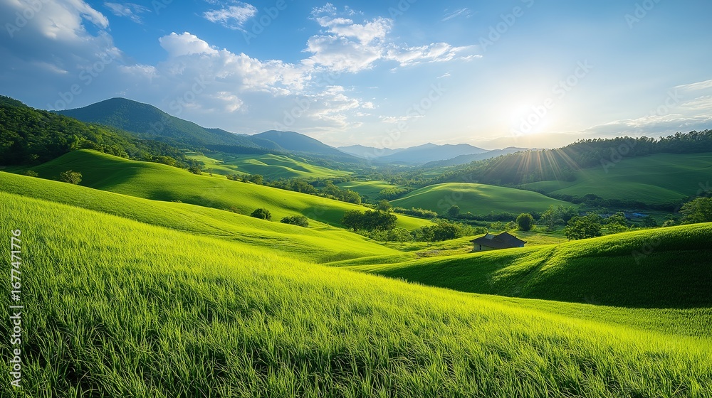 Fototapeta premium landscape with green grass and mountains