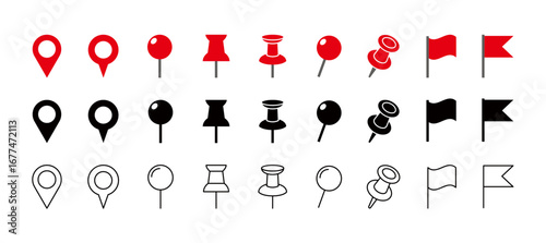 Map pin, location icon, map marker, pushpin, flag, marker, and other icons