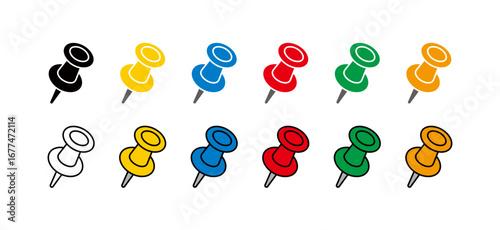 Set of colorful pushpins, a pin for attaching notes or photos to a wall