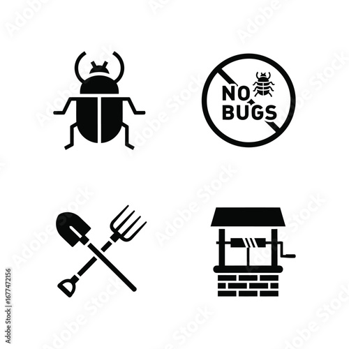 A collection of four black and white icons representing pest control, gardening, and water sources.