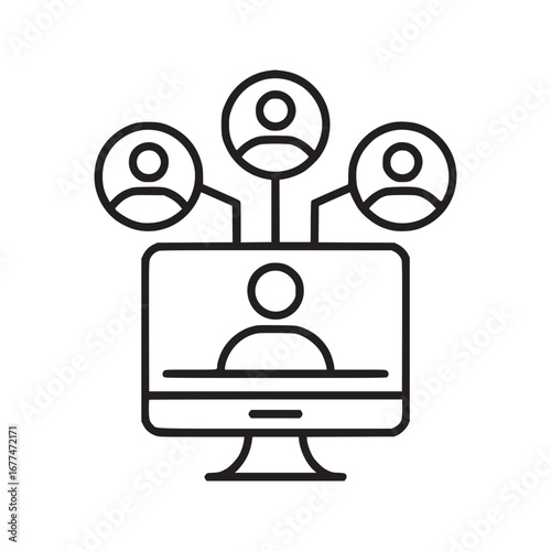 Outline illustration of a desktop computer with three connected user profile icons above it
