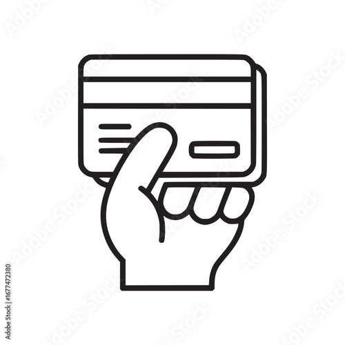 Outlined hand holding a credit card depicting financial transaction and payment method icon symbol