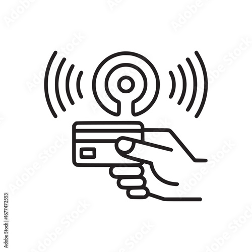 A line drawing of a hand holding a credit card with a contactless payment symbol above the card