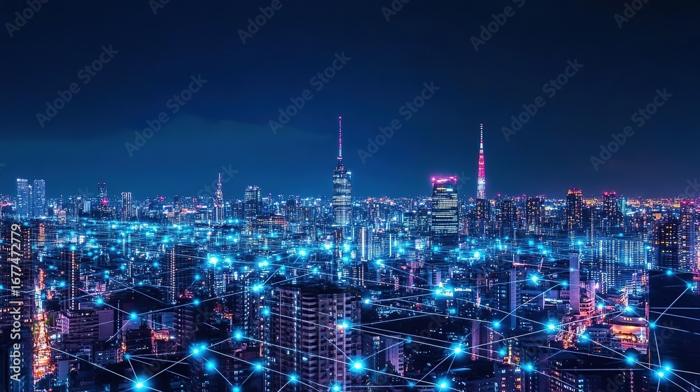 Fototapeta premium High-resolution futuristic skyline at night with neon