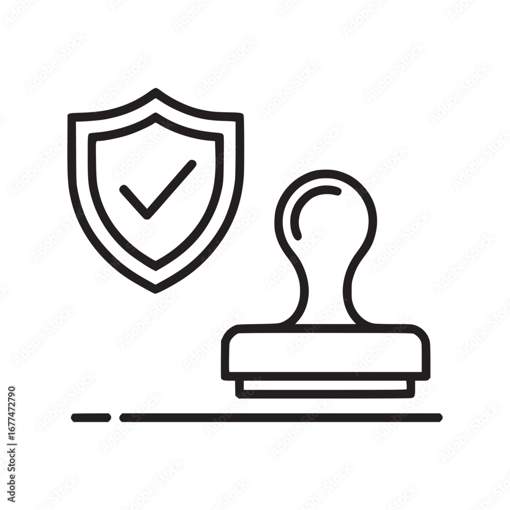 Obraz premium A stamp and a shield with a check mark in black outline on a white background in a simple illustration
