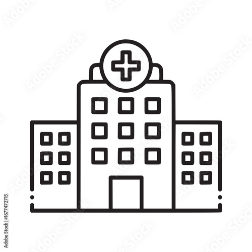 Outline illustration of a hospital building with a cross on the roof and square windows design