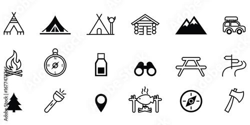Collection of camping thin line icon set. Included the icons view, nature, camping, backpacking, travel, sunset, mountain, forest and more. camping adventure silhouette icons. Vector illustration.