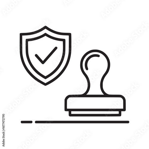 A stamp and a shield with a check mark in black outline on a white background in a simple illustration
