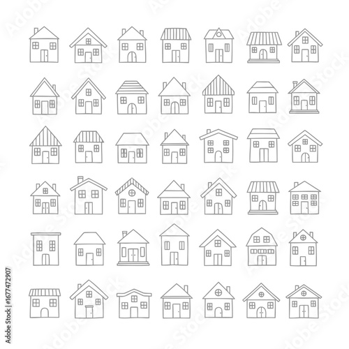 A collection of forty-two diverse house and home icons presented in a simple, clean line art style on a white background.