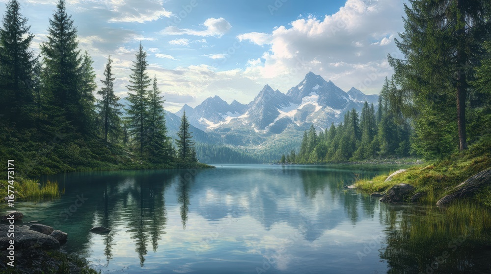 Fototapeta premium A serene landscape featuring a calm lake, surrounded by lush evergreen trees and majestic mountains under a partly cloudy sky.