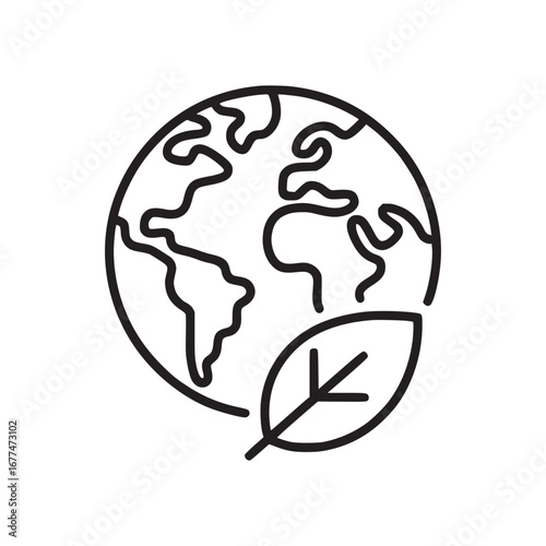 Outline drawing of earth with continents and a leaf in black on a white background illustration