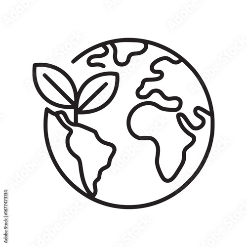Outline drawing of earth with continents and a plant growing on it in black and white style