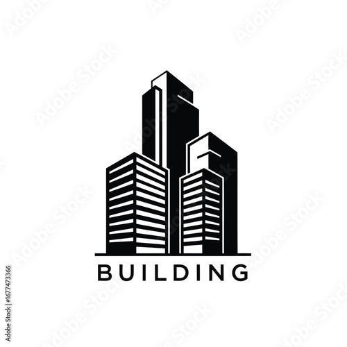 Monochrome illustration of three modern buildings, with the word BUILDING below.
