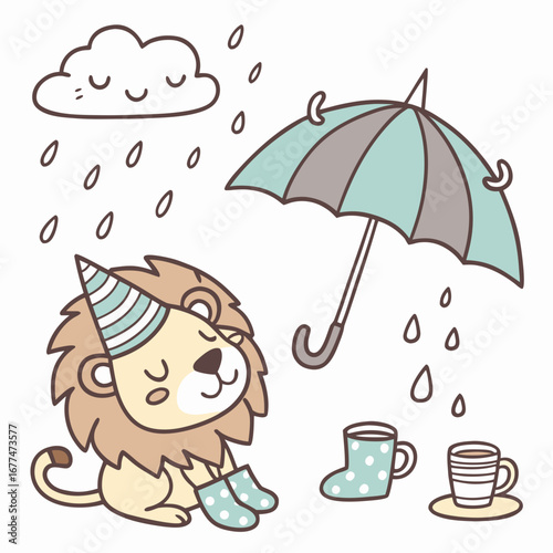 Raindrop Calm colored Lion with a Relaxed touch, placed in a Rainy day theme and styled with wearing a party hat