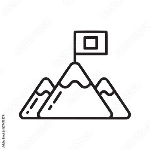 A minimalist outline illustration of three mountains with a flag on the tallest peak top