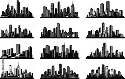 Collection of detailed city skyline silhouettes, urban metropolitan buildings, modern architecture design, cityscape vector icons, skyscraper outlines, urban skyline illustration