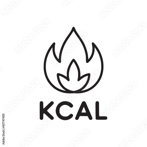 Illustration of a black outline of a flame above the word kcal on a white background in a square format