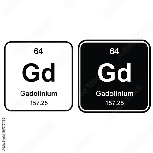 Periodic table element Gadolinium (Gd) shown in black and white tiles, displaying atomic number, symbol, name, and atomic mass.