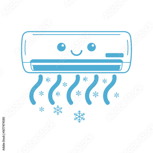 Cute kawaii air conditioner illustration with snowflake details.