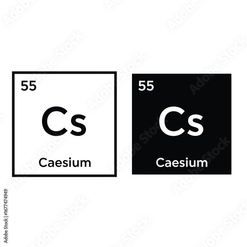 Periodic table element Caesium icon, showing atomic number, symbol, and name in black and white variations.
