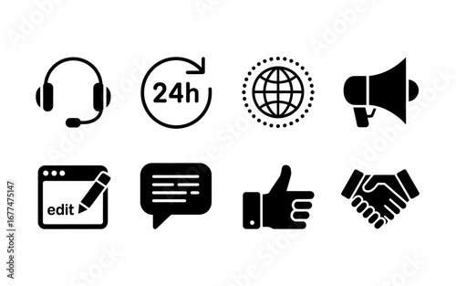 Essential Communication and Support Icons Headset, 24/7, Globe, Megaphone, Edit, Chat, Like, Handshake - Versatile Design Elements