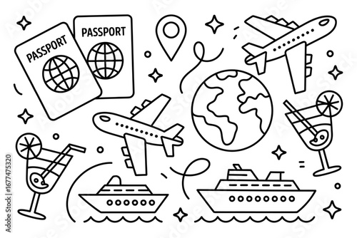 Global Travel Vector Illustration A Journey of Discovery - Airplane, Passport, Ship, and Destination Icons