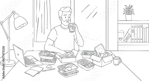 Illustration of a man at his home office desk surrounded by takeaway food containers, depicting a busy remote work lifestyle and the convenience of meal delivery