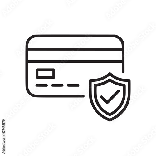 Outline drawing of a credit card next to a shield with a checkmark on a white background