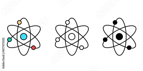 Atom science icons set, atomic structure and nuclear energy symbols, physics and chemistry research for education, medical, and technology projects vector illustration.